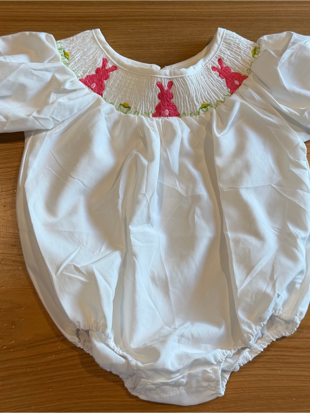 White Smocked Baby Romper with Pink Bunny Embroidery